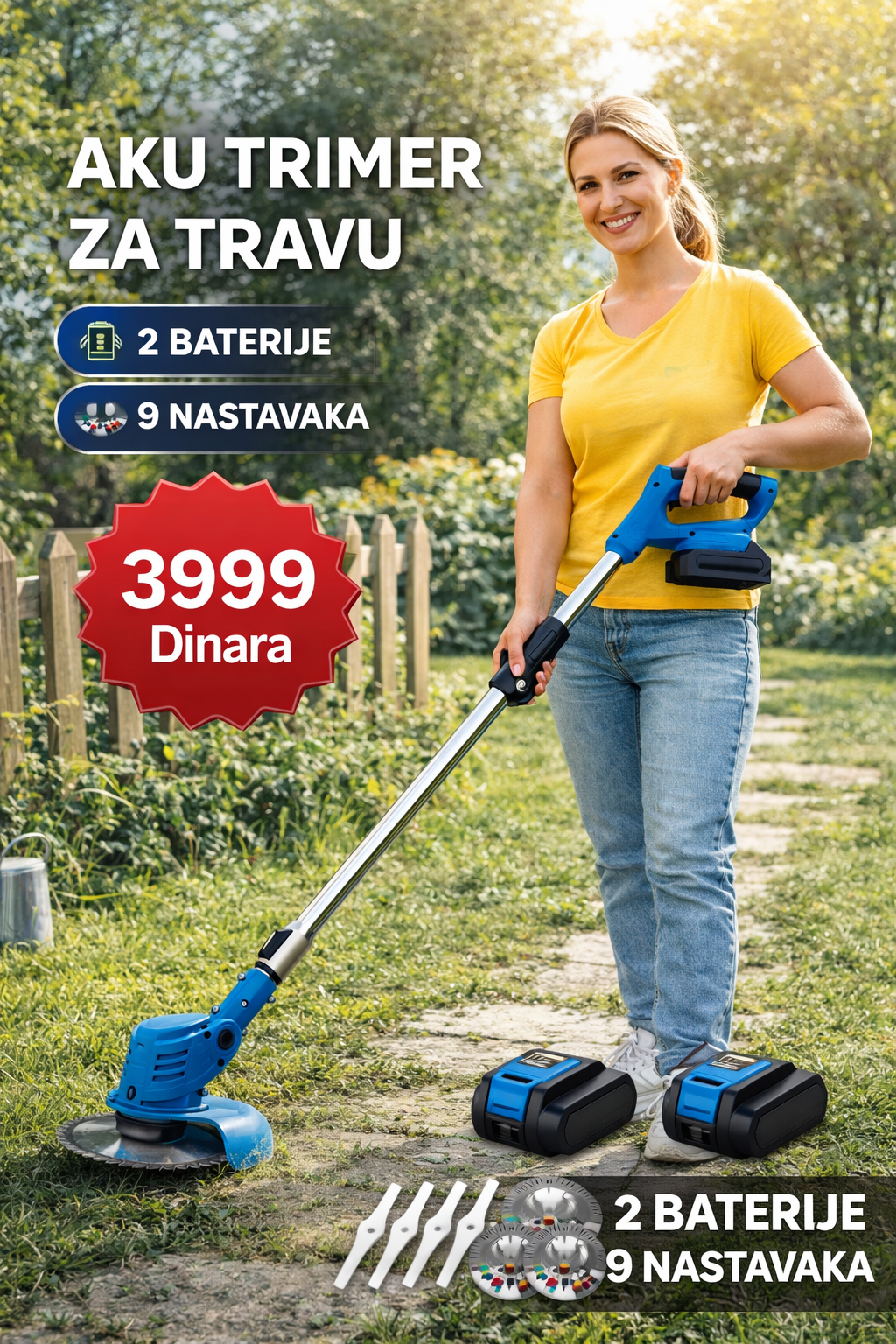 Aku Trimer za Travu + 2 Baterije i 9 Nastavaka